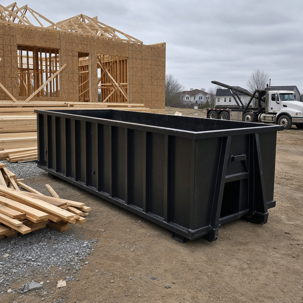 Matte-black 40-yard roll-off dumpster staged on a framed-out residential construction site in Lavernia, framing lumber stacked nearby, hooklift delivery truck visible in the background under bright Colorado daylight