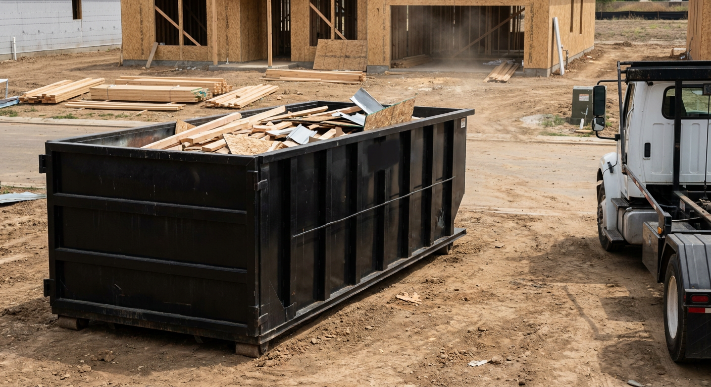 Matte-black 20-yard roll-off construction dumpster with heavy ribbed steel sidewalls and swing rear doors at a working jobsite in Lavernia, sitting directly on compacted dirt with an unmarked white hauler partially visible at the far edge of the frame.