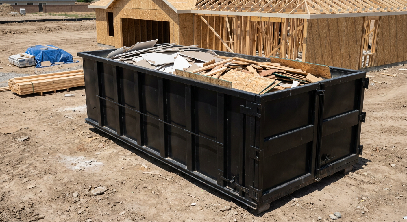 Matte-black 30-yard roll-off construction dumpster sitting directly on the compacted-dirt site of a framed single-family home build in Lavernia, drywall and lumber scrap loaded inside.