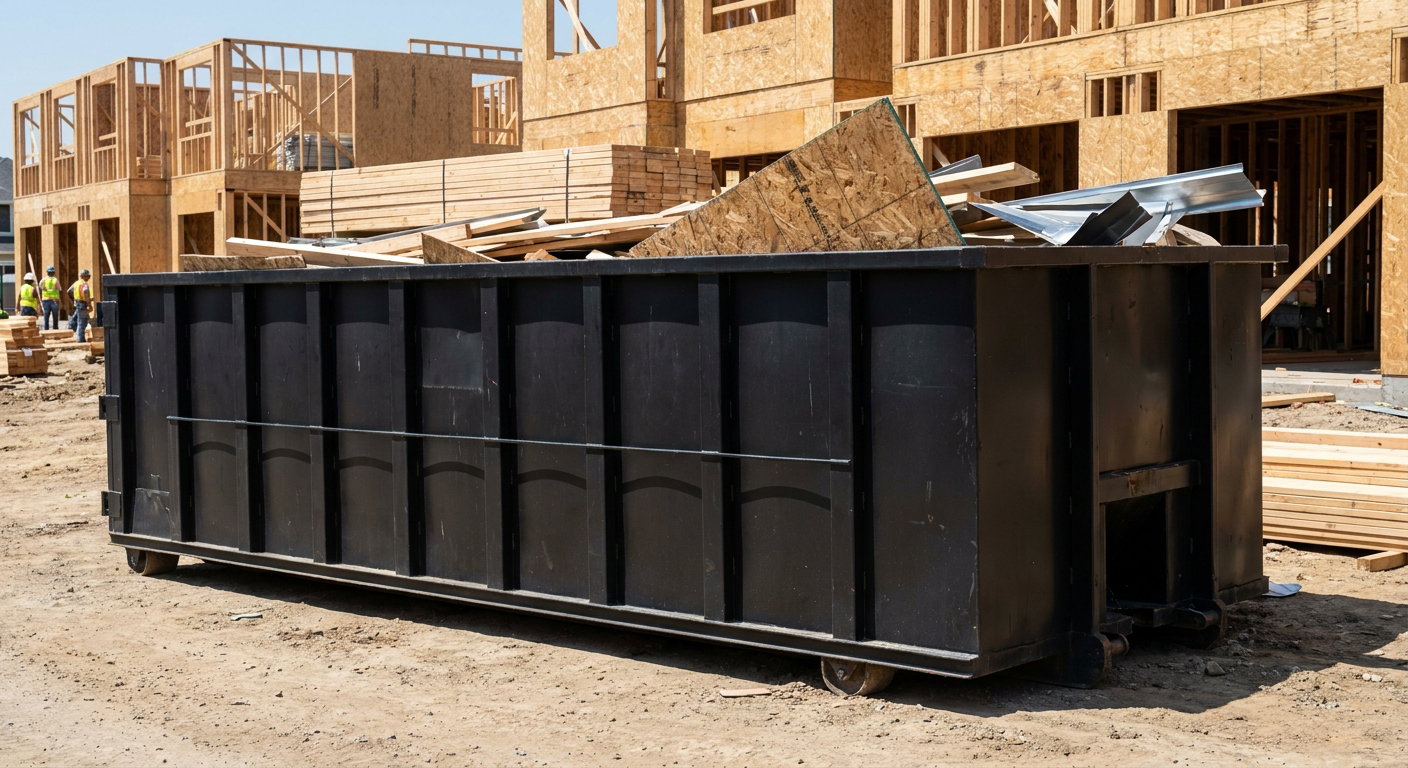 Matte-black 40-yard roll-off construction dumpster being lowered from a white-cab hooklift delivery truck onto the compacted-dirt jobsite at a commercial build site in Lavernia