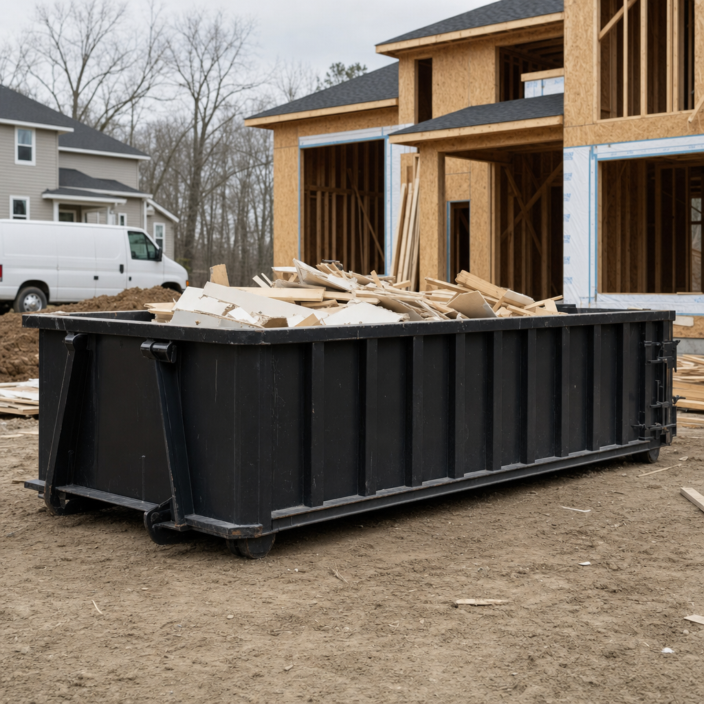 Worker in a yellow high-visibility vest tossing framing lumber and broken drywall into a matte-black 30-yard construction roll-off dumpster on an active build site in Lavernia, bright daylight