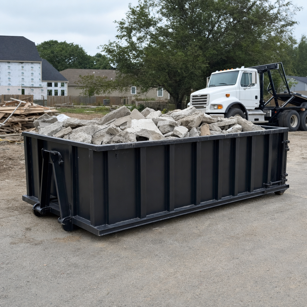 Low-profile matte-black lowboy roll-off dumpster loaded with broken concrete slab and rebar at a foundation tear-out in Lavernia, skid steer parked beside it, sunny Colorado morning