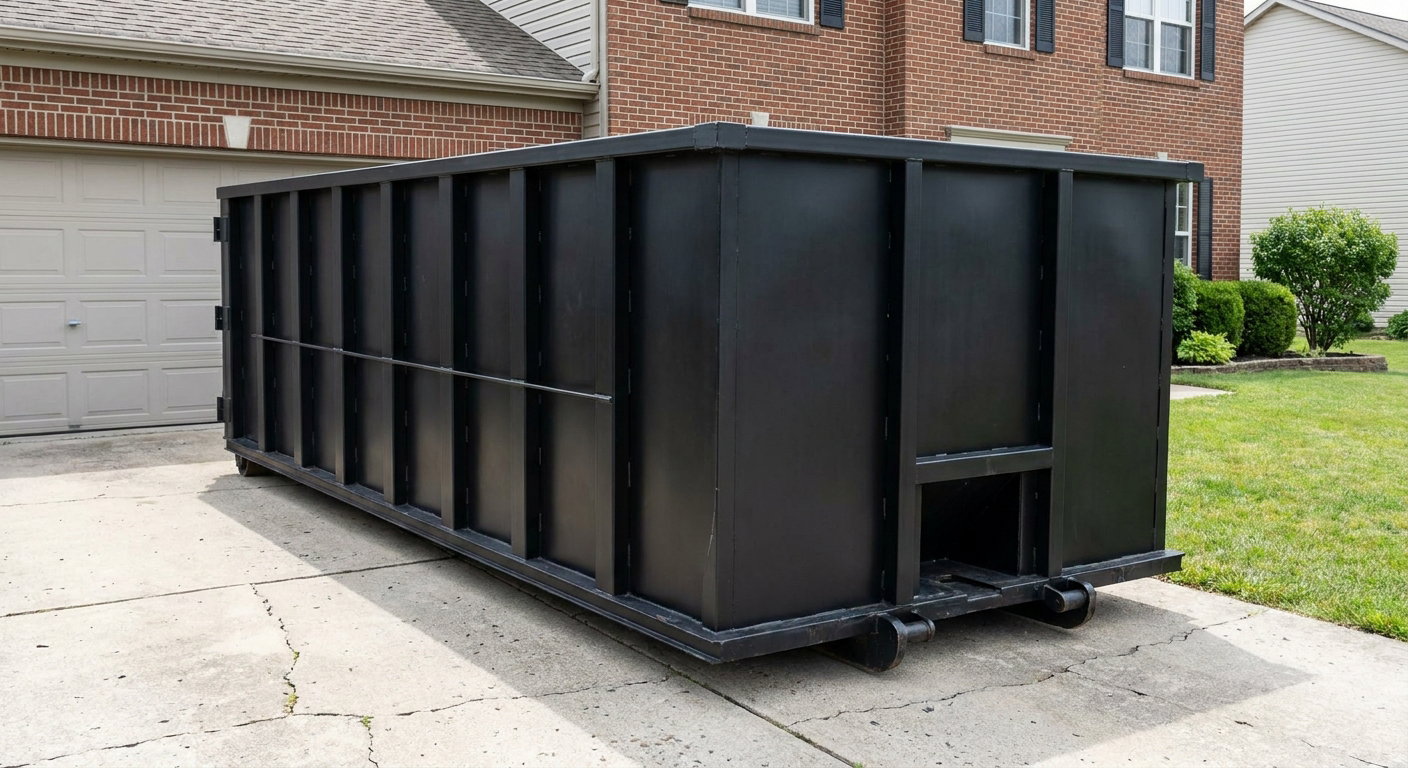 Matte-black 20-yard roll-off container on a Lavernia residential concrete driveway with reinforced ribbed steel sidewalls and a hinged rear walk-in door, clean bright daylight.