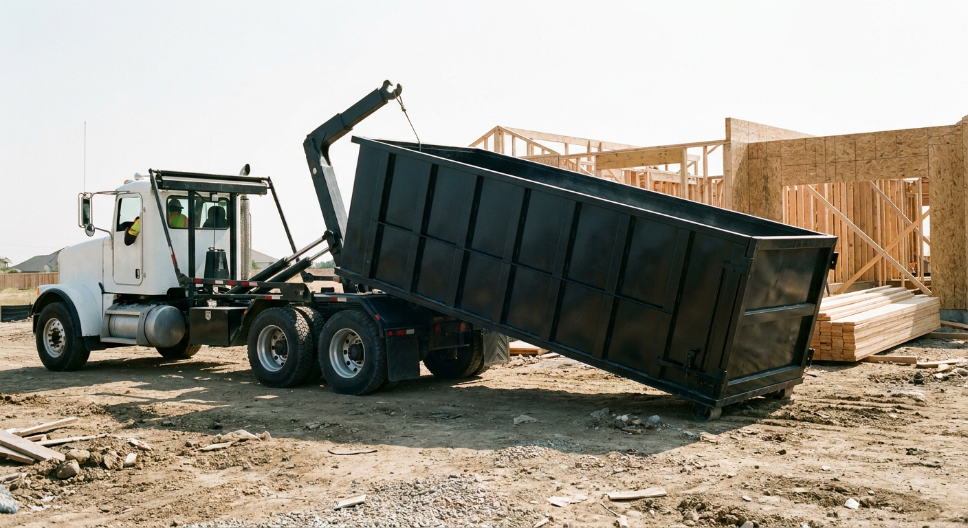 Matte-black roll-off dumpster being delivered onto a clean residential concrete driveway in Lavernia by an unmarked white hooklift hauler truck, bright morning daylight, documentary 35mm perspective.