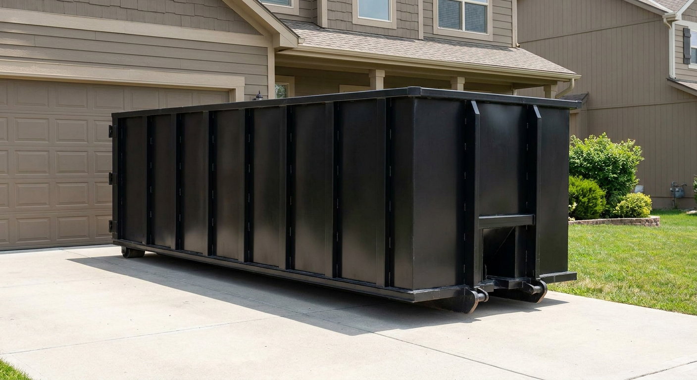 Matte-black residential roll-off dumpster sitting directly on a suburban Lavernia concrete driveway, garage door closed, single-family home in background, bright morning daylight.