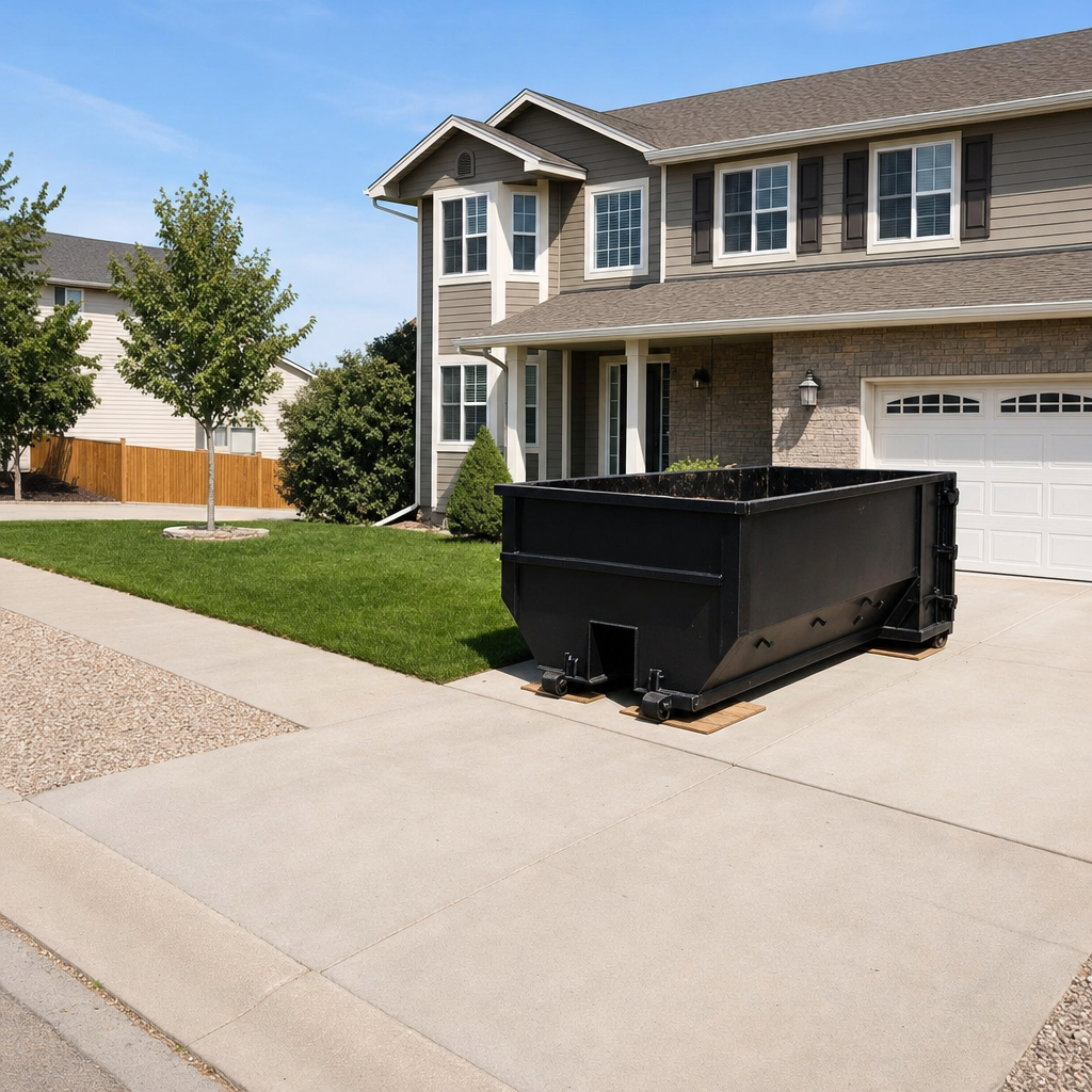 10-yard matte-black residential dumpster placed directly on a narrow Lavernia concrete driveway, room remains for a parked sedan beside it, mid-morning natural light