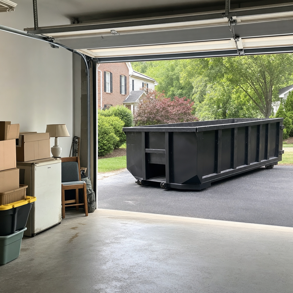 Open garage interior in a Lavernia home mid-cleanout — boxed items, an old appliance, and stacked yard tools queued near the driveway for a matte-black roll-off dumpster, organized and calm
