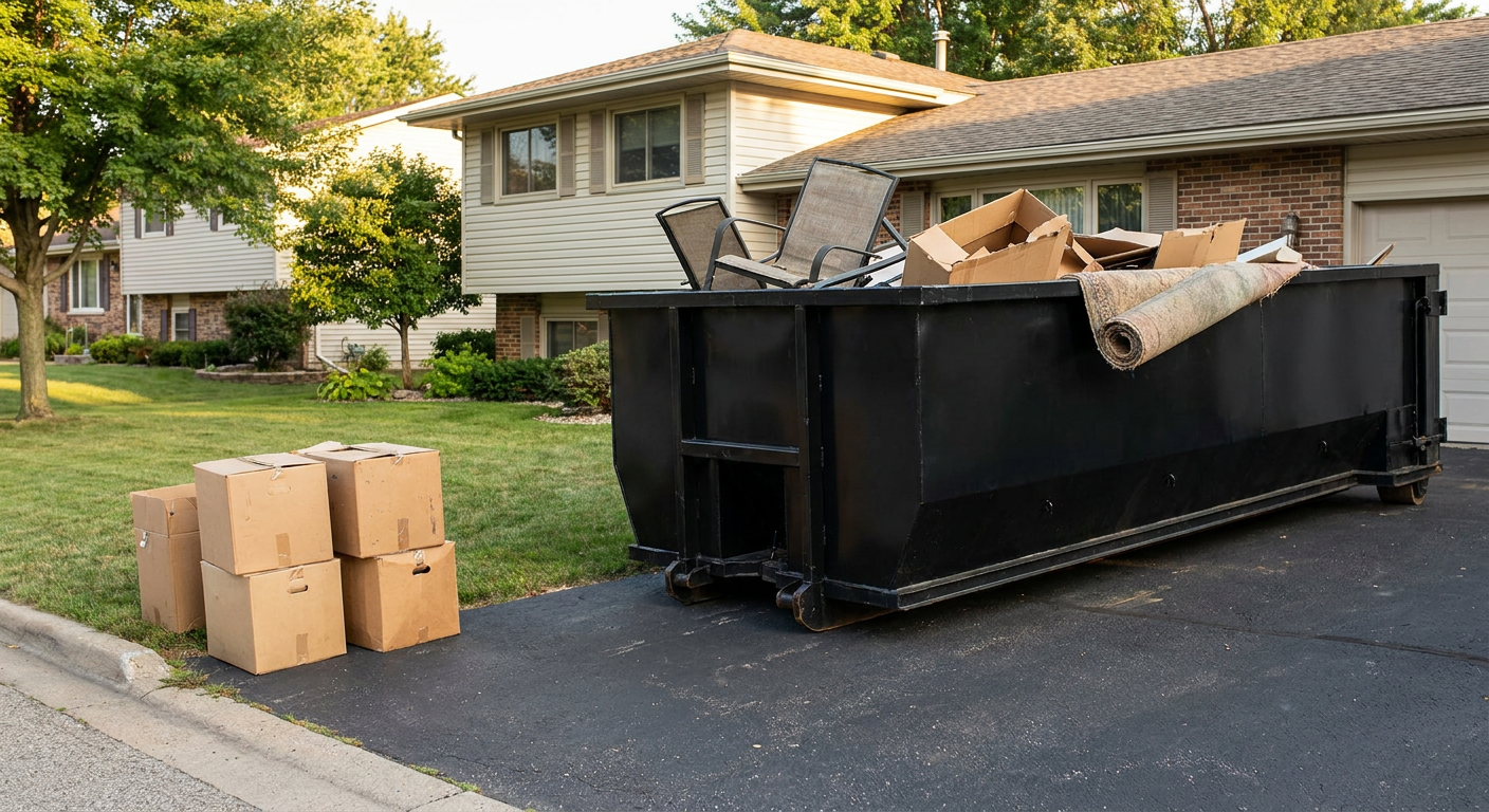 Front-yard view of a Lavernia split-level home with a 20-yard matte-black roll-off dumpster sitting directly on the asphalt driveway, a few clearly labeled donation boxes staged at the curb, calm sunny afternoon.