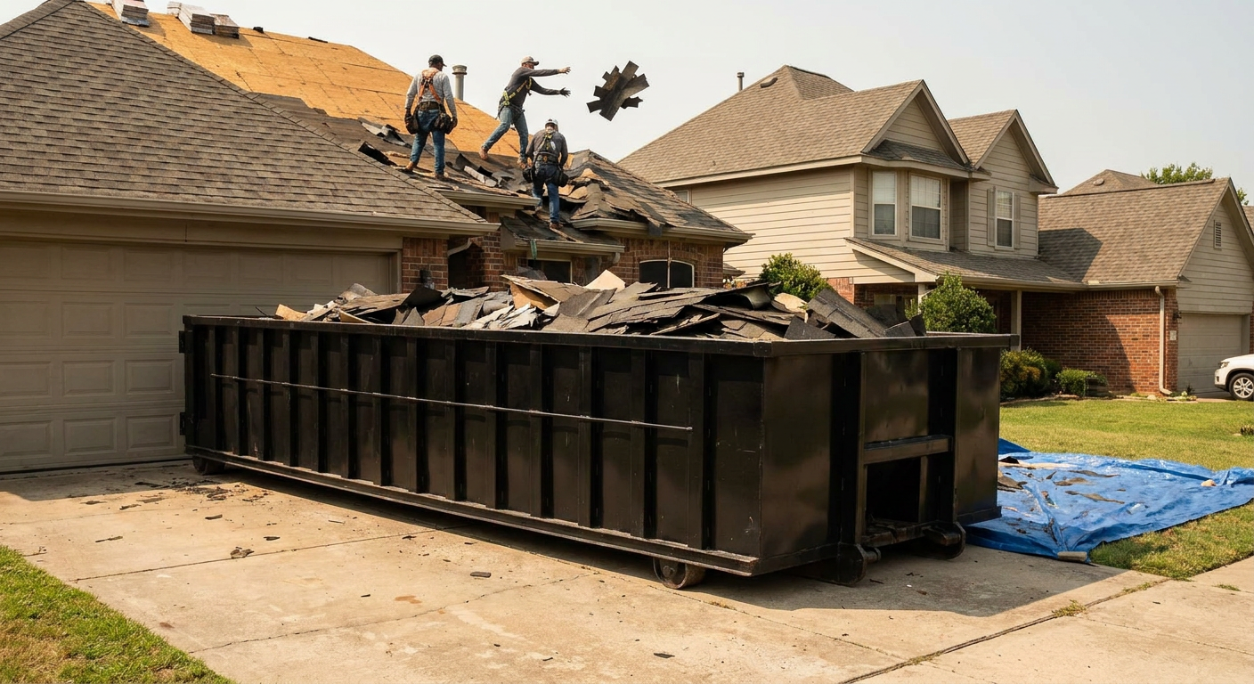 Matte-black roofing roll-off dumpster placed directly on a Lavernia residential concrete driveway, a tear-off crew on a two-story asphalt-shingle roof tossing shingle bundles into the low-walled container, bright daylight, documentary 35mm perspective.