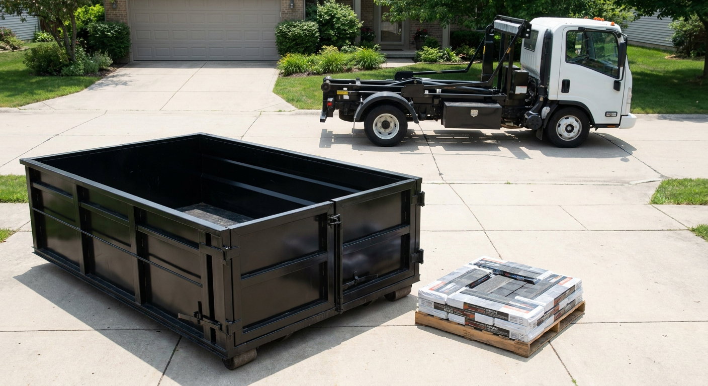 Matte-black 15-yard roofing roll-off dumpster with reinforced low side walls sitting directly on a Lavernia residential concrete driveway, three-tab asphalt shingle bundles stacked nearby, an unmarked white hauler truck partially visible at the edge of the frame.