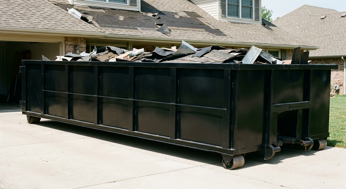 Matte-black 20-yard roofing roll-off dumpster with steel ribbed sides and swinging rear door, sitting directly on the concrete driveway of a two-story Lavernia home, asphalt shingle debris being loaded over the low wall, clean documentary lighting.