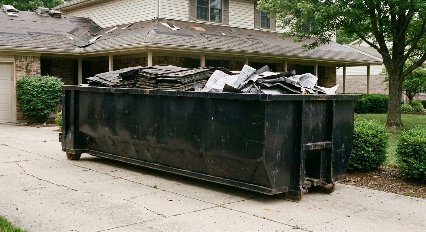 Matte-black 30-yard roofing roll-off dumpster sitting directly on a Lavernia concrete driveway, taller ribbed steel side panels, mixed tear-off debris of asphalt shingles and underlayment inside, professional documentary daylight.