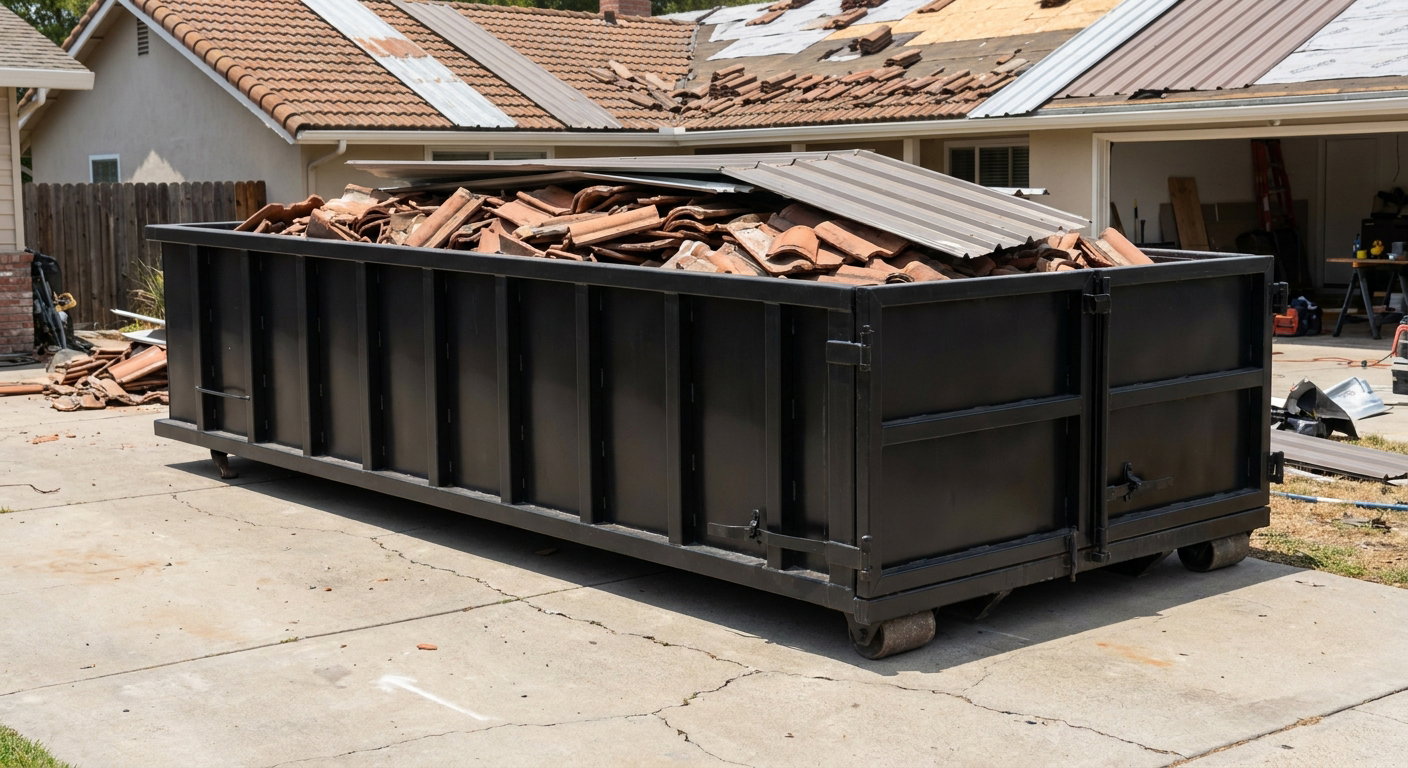 Matte-black low-wall heavy-debris roofing roll-off dumpster sitting directly on a Lavernia concrete driveway, broken concrete clay roof tiles and metal panel sections loaded inside, reinforced ribbed steel side walls visible, bright outdoor daylight.