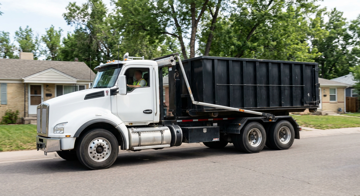A wide documentary shot of a matte-black roll-off delivery truck pulling onto a quiet Lavernia residential street at mid-morning, with neighborhood rooftops and tree-lined blocks visible behind, showing the metro coverage footprint.
