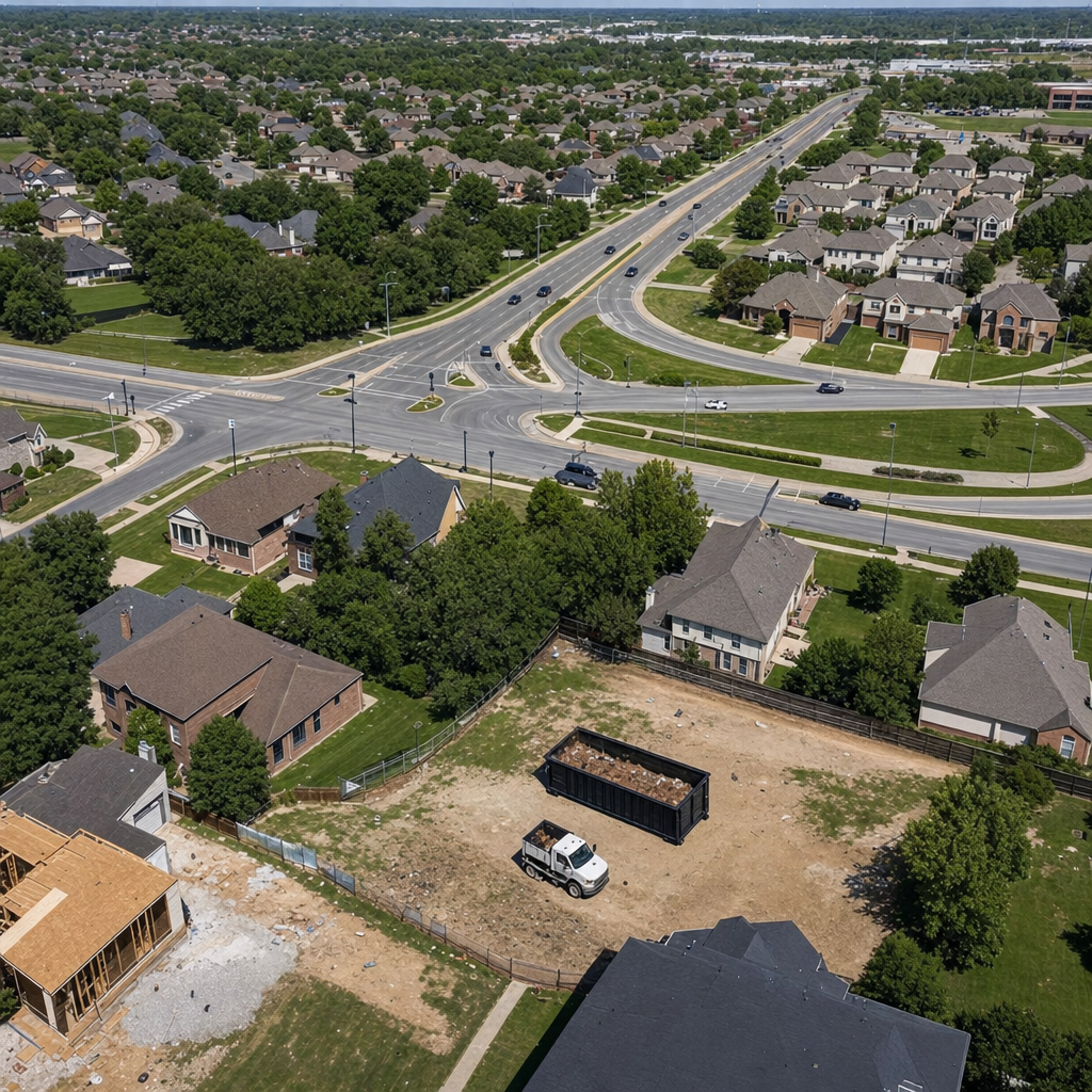 An overhead documentary view of the Lavernia metro area at midday, showing the spread of neighborhoods, arterial roads, and the dispatch radius from a central yard — clean daylight, organized geographic layout.