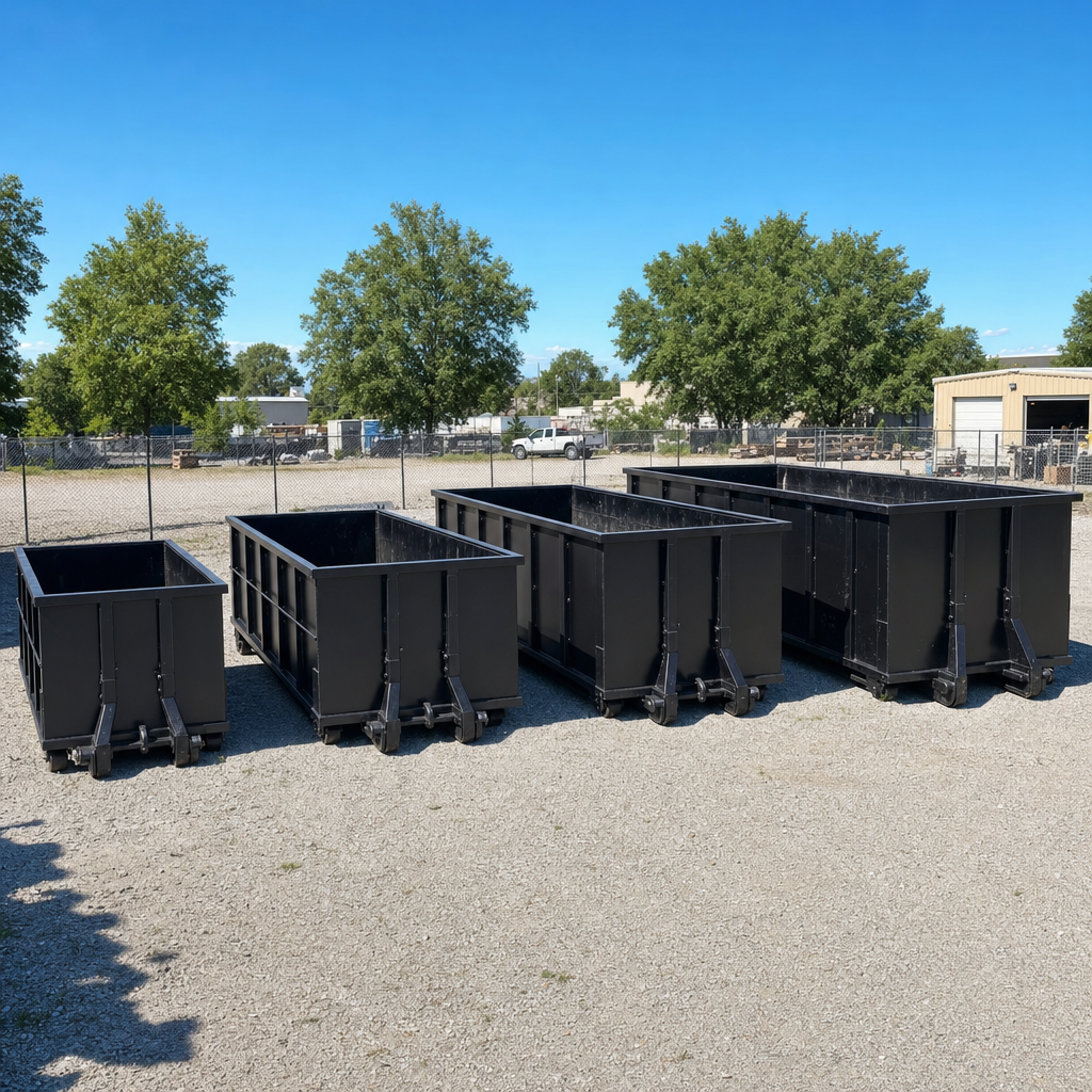 A clean lineup of matte-black roll-off dumpsters in 10, 20, 30, and 40-yard sizes staged on a sunlit gravel yard in Lavernia, showing the size progression from compact to commercial-scale containers.