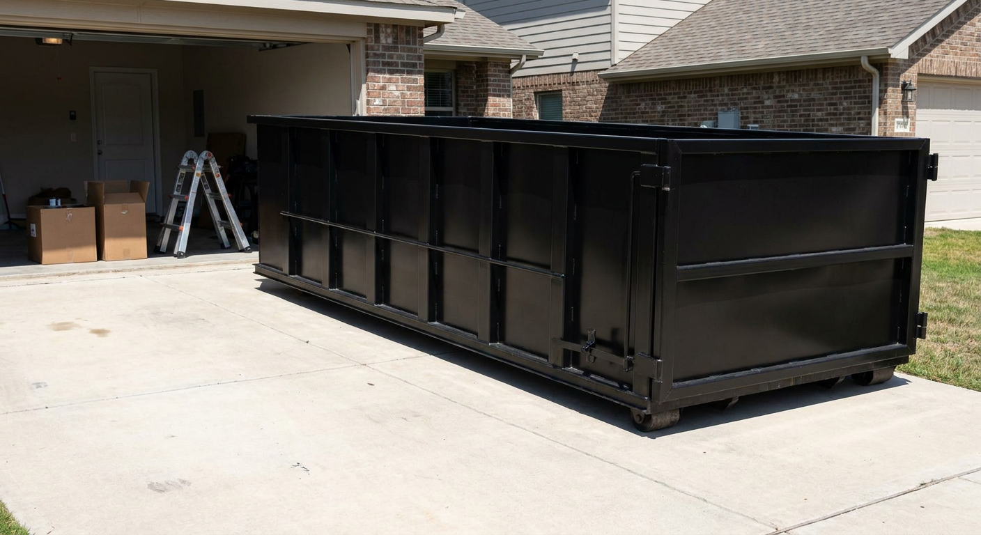 A matte-black 10-yard roll-off dumpster sitting directly on a residential Lavernia concrete driveway, mid-day sunlight, clean and ready for a garage cleanout.
