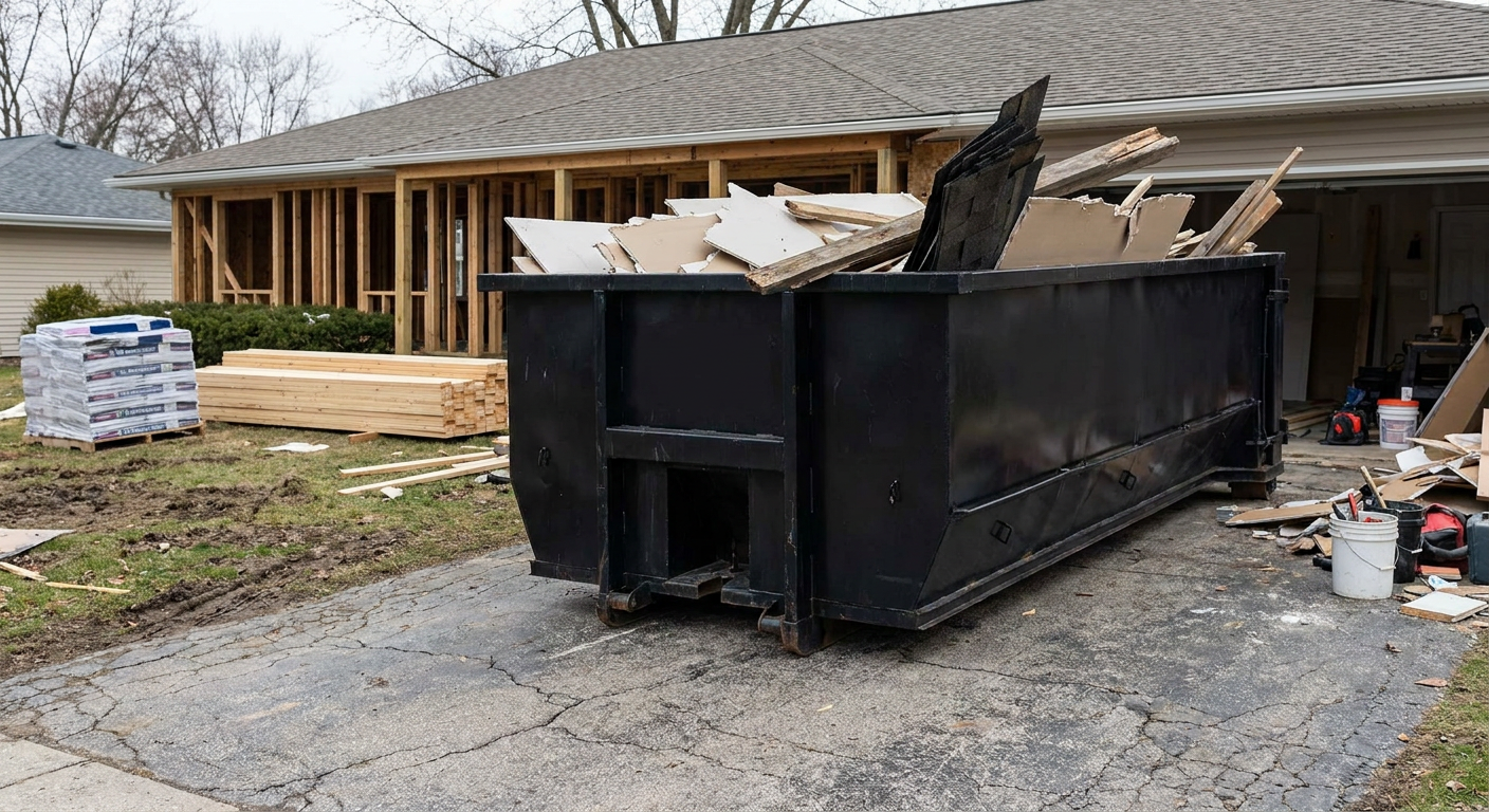 A matte-black 20-yard roll-off dumpster placed alongside a mid-renovation Lavernia home directly on the asphalt driveway, with framing materials and torn-off shingles staged neatly nearby.