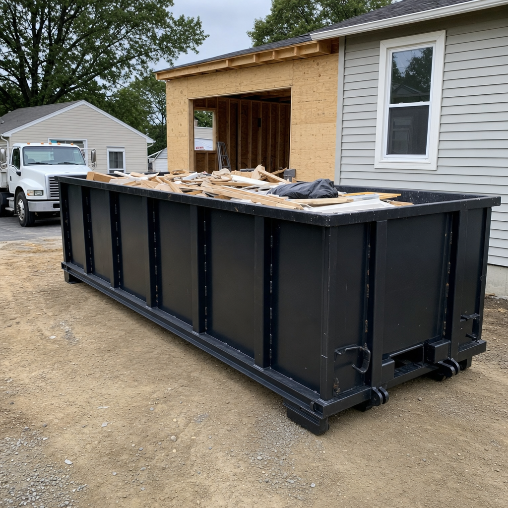 A matte-black 30-yard roll-off dumpster positioned at a Lavernia residential addition jobsite, with framing lumber and drywall scraps loaded through the open swinging rear doors.