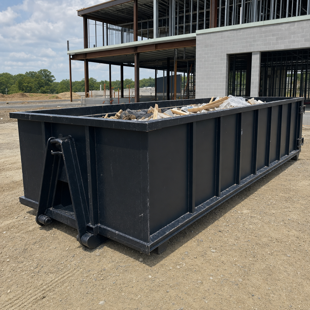 A matte-black 40-yard roll-off dumpster staged on a large Lavernia commercial construction lot, with a hooklift delivery truck parked alongside under bright midday sky.