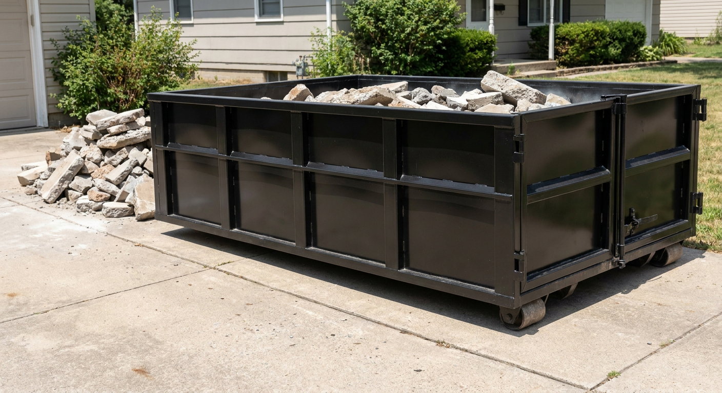 A matte-black low-side heavy-debris roll-off dumpster placed directly on a Lavernia concrete driveway, with broken concrete chunks neatly stacked beside it under clean daylight.